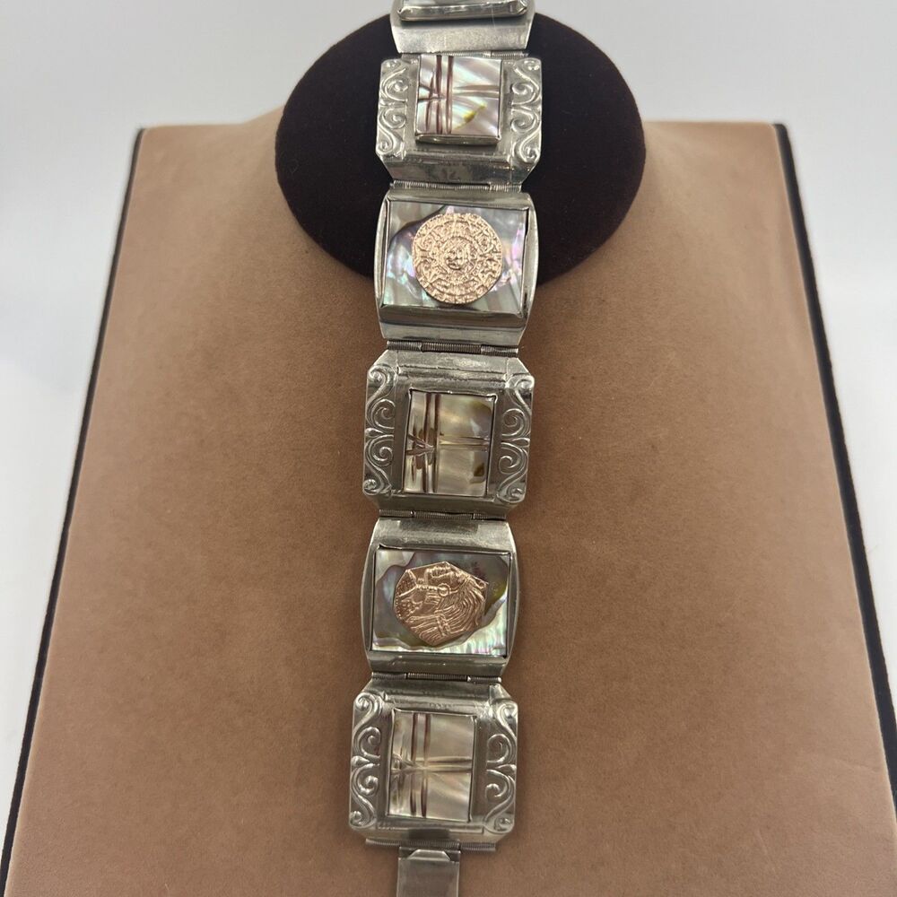 1950's Mexico Panel Bracelet Sterling Silver 56gms Aztec Mayan Abalone Etch MOP